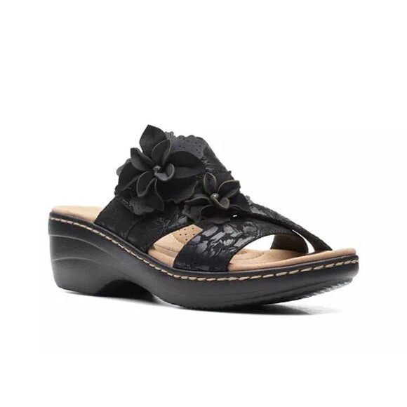NEW Clarks Black Merliah Violet Slide Open Toe Block Sandals Size 11 M - Picture 1 of 7